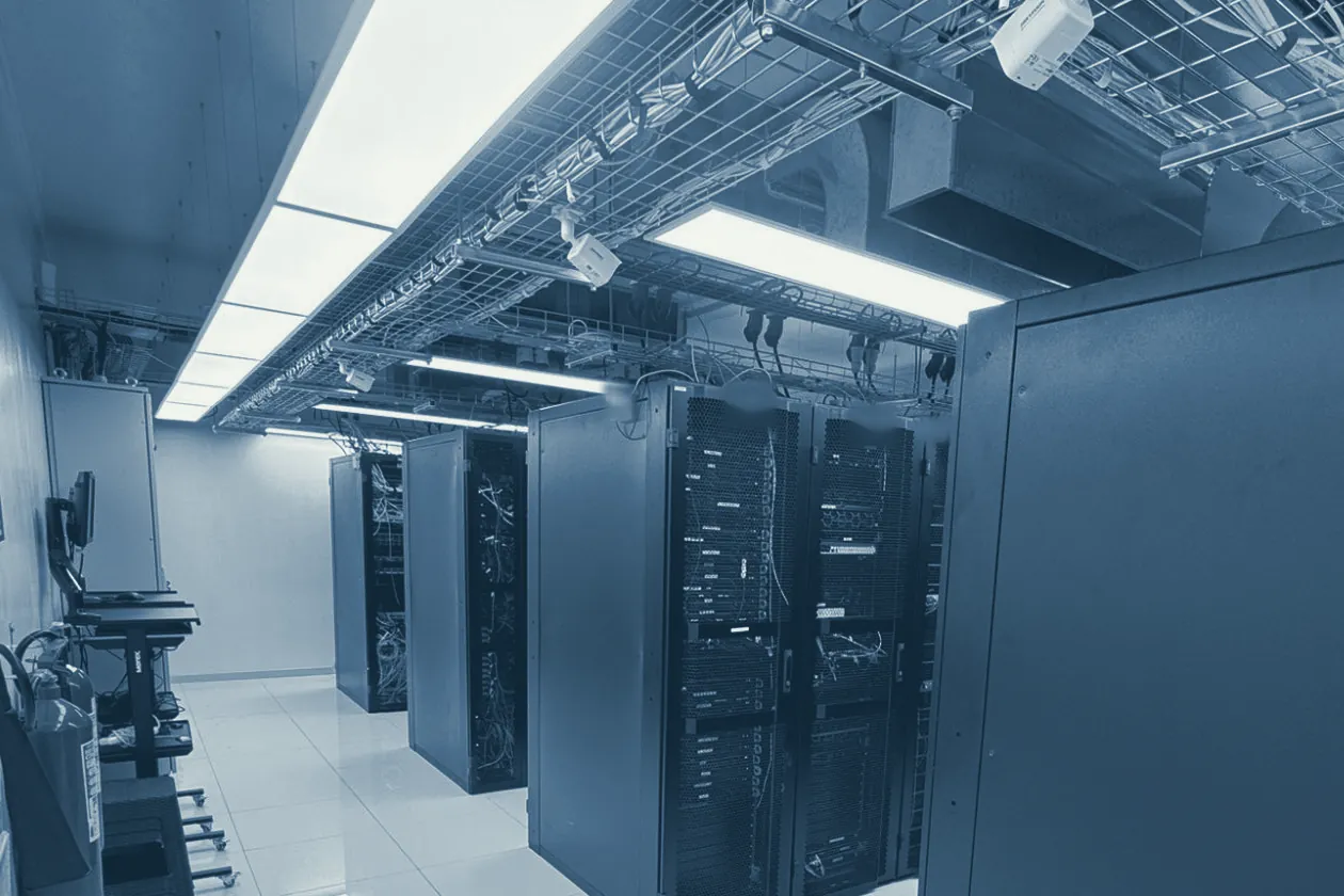 Aisle of a rack room at the ZGH LR18 data center with LED lighting, overhead cable trays and fire extinguishers