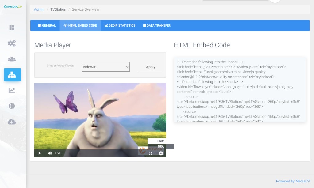 VideoJS player and HTML embed code for TV station in MediaCP